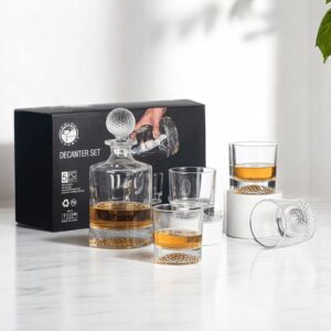 850ml Round Golf Glass Decanter Set with Four 9 oz. Golf Glasses in a Black Gift Box (SKU:DCS405-LAS)